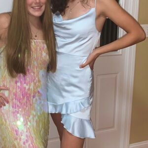 LIGHT BLUE Silk Cowl Neck Ruffle Wrap Mini Dress